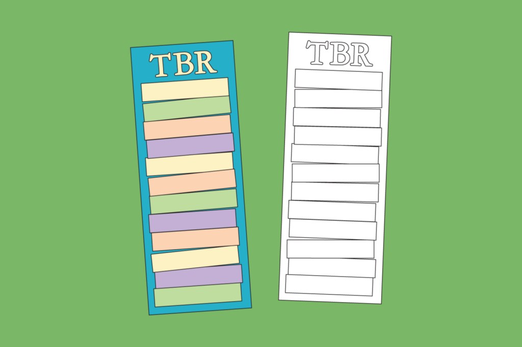 The TBR bookmark in colour and without colour.