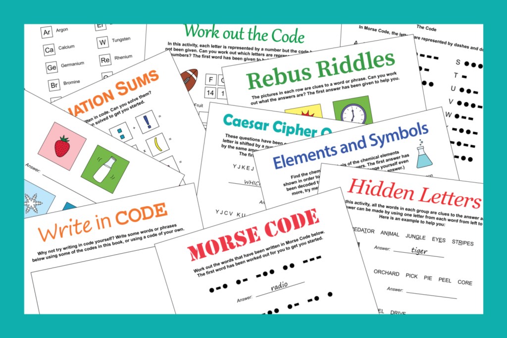 Spread-out pages from Password Club Code Breakers Printable Activity Book 1.