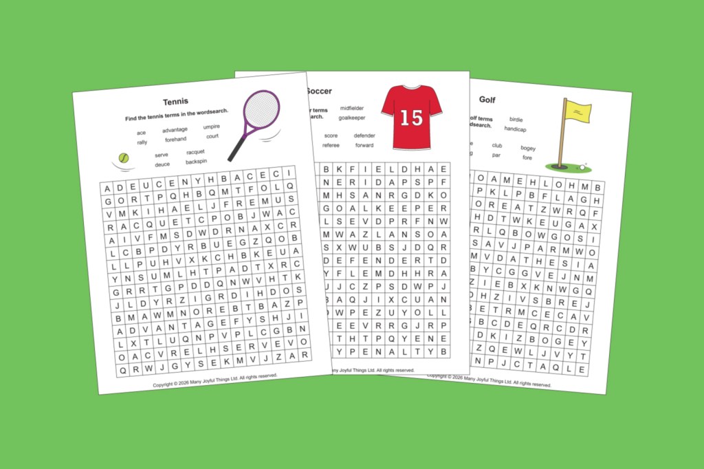 The soccer/football, tennis and golf word searches.