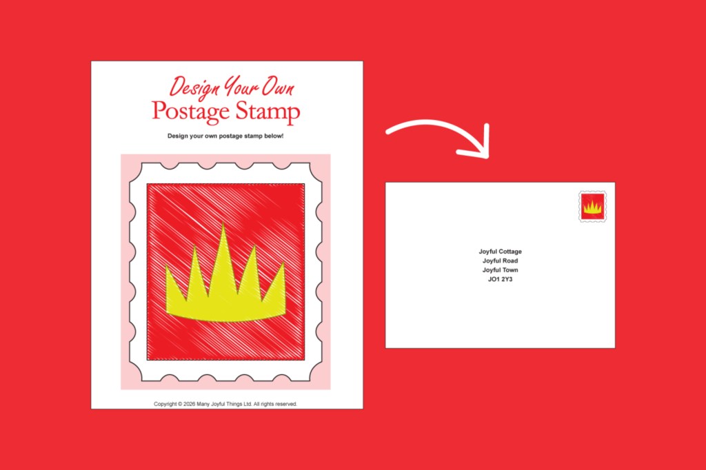 The postage stamp template filled in with a drawing of a gold crown against a red background and an arrow showing a smaller version of this design on an envelope.